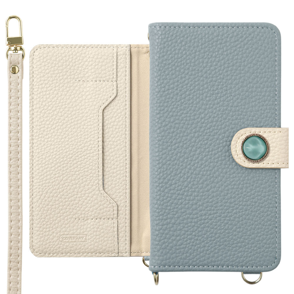 Étui portefeuille bicolore en cuir végan avec décoration en pierre naturelle imitation, fonction support, bandoulière, avec ceinture, pour la série Xperia
