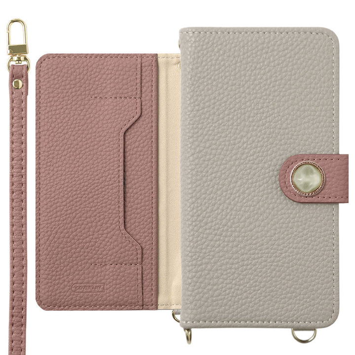 Étui portefeuille bicolore en cuir végan avec décoration en pierre naturelle imitation, fonction support, bandoulière, avec ceinture, pour la série iPhone