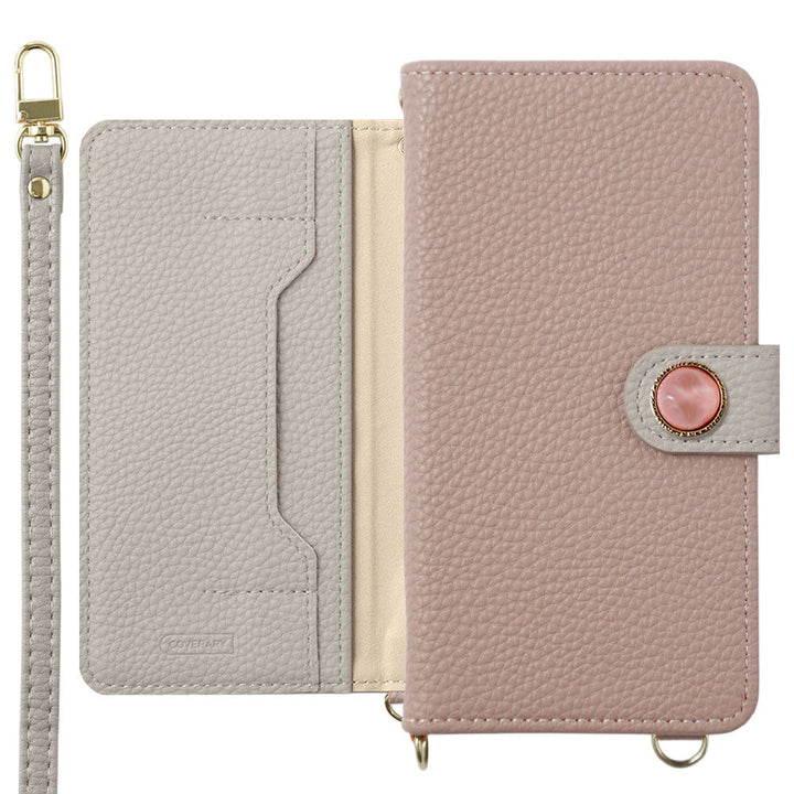 Étui portefeuille bicolore en cuir végan avec décoration en pierre naturelle imitation, fonction support, bandoulière, avec ceinture, pour la série Xperia