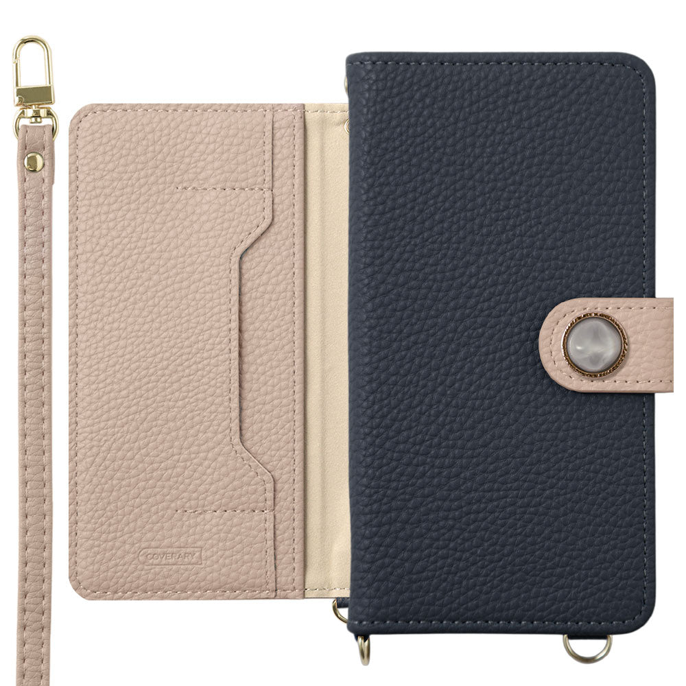 Étui portefeuille bicolore en cuir végan avec décoration en pierre naturelle imitation, fonction support, bandoulière, avec ceinture, pour la série Xperia