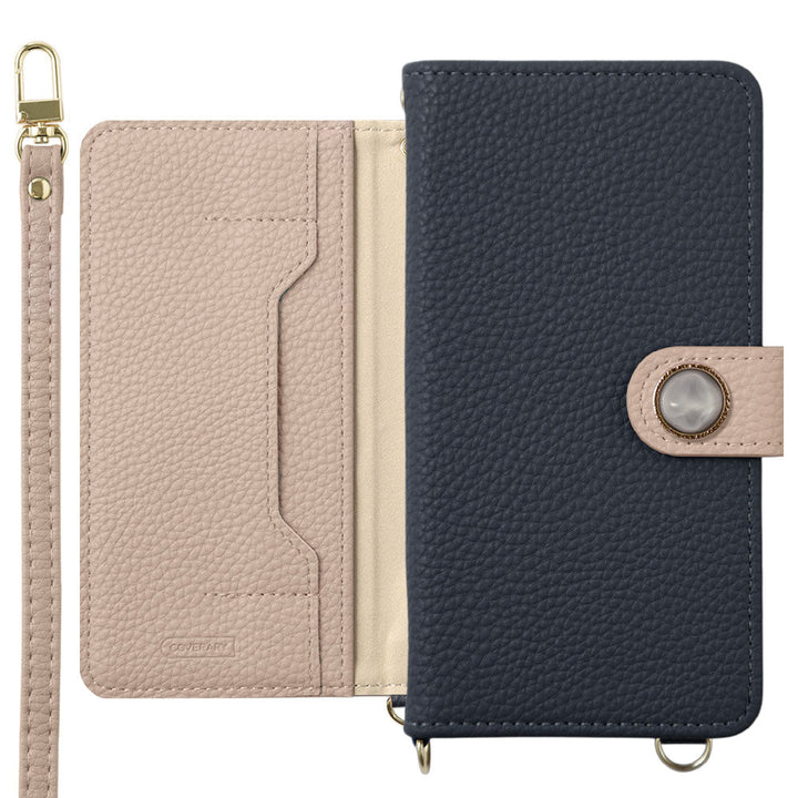 Étui portefeuille bicolore en cuir végan avec décoration en pierre naturelle imitation, fonction support, bandoulière, avec ceinture, pour la série iPhone