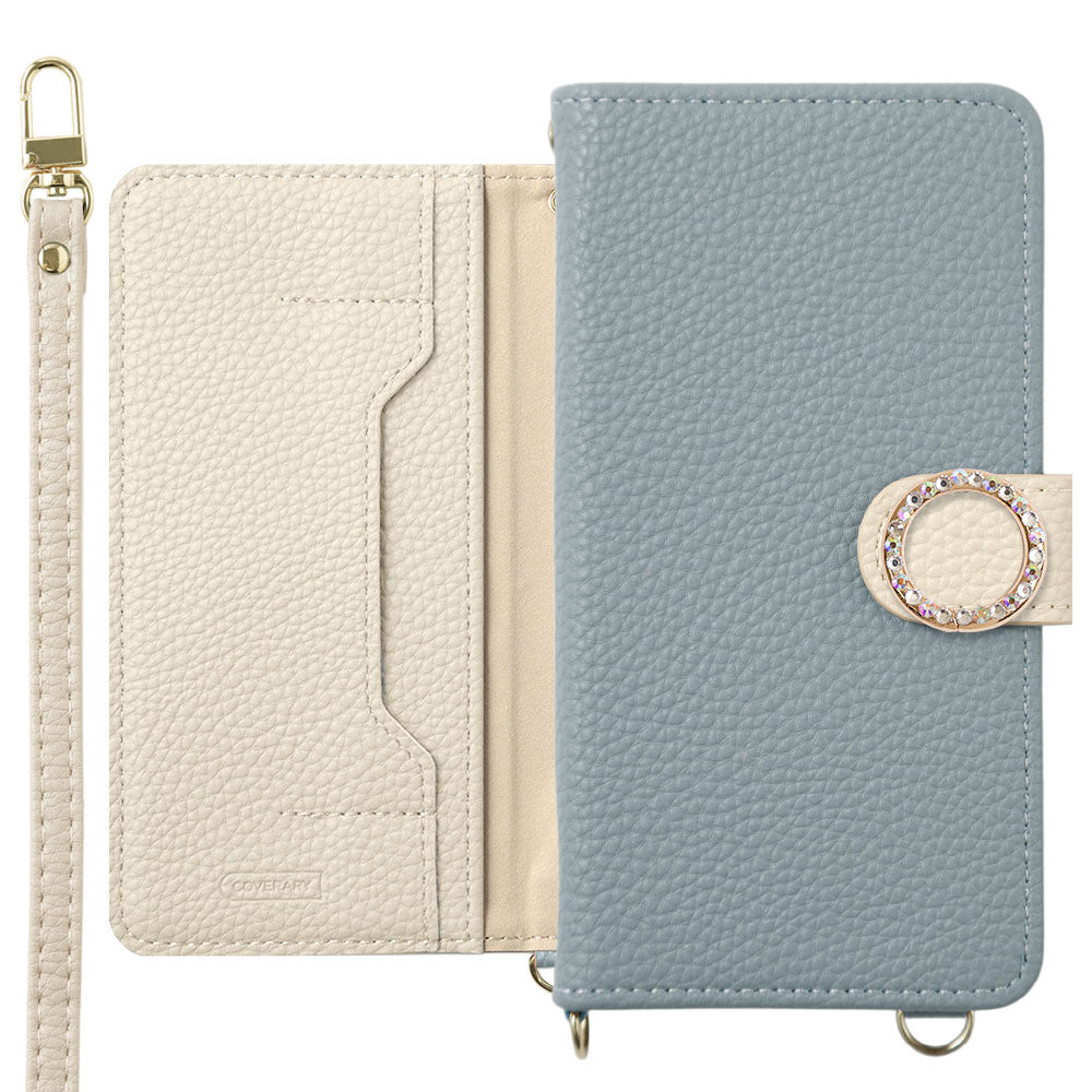 Étui portefeuille bicolore en cuir végan avec pierre ronde, fonction support, bandoulière (avec ceinture) pour la série Xperia