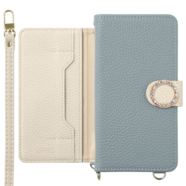 Étui portefeuille bicolore en cuir végan avec pierre ronde, fonction support, bandoulière (avec ceinture) pour la série Xperia