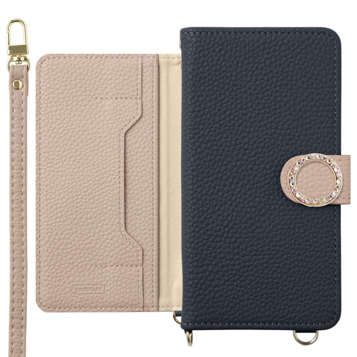 Étui portefeuille bicolore en cuir végan avec pierre ronde, fonction support, bandoulière (avec ceinture) pour la série Xperia