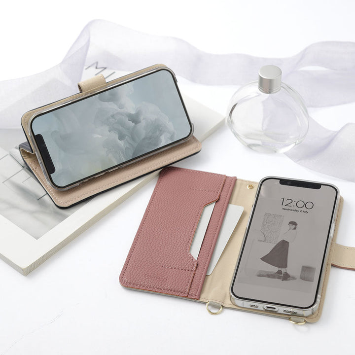 ヴィーガンレザー バイカラー イニシャル スタンド機能 ショルダーストラップ付き 手帳型ケース（ベルトあり）