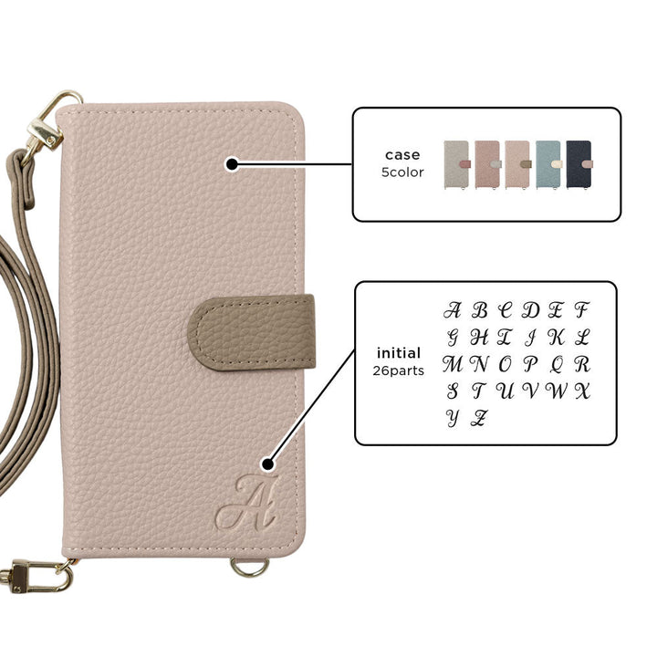ヴィーガンレザー バイカラー イニシャル スタンド機能 ショルダーストラップ付き 手帳型ケース（ベルトあり）
