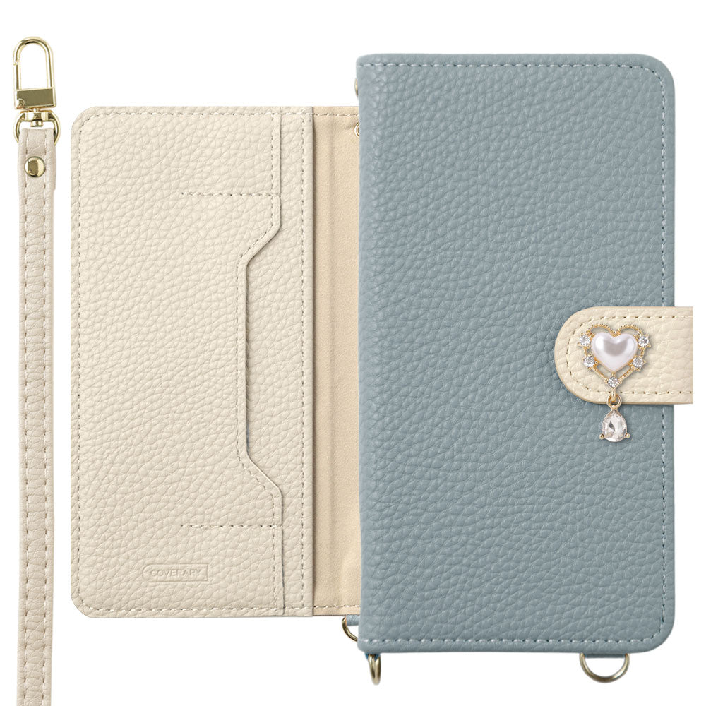 Vegan leather bicolor heart deco stand function with shoulder strap notebook-style case (with belt) Galaxy series