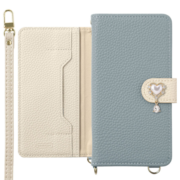 Vegan leather bicolor heart deco stand function with shoulder strap notebook-style case (with belt) Galaxy series
