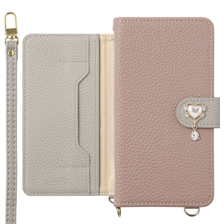 Étui portefeuille avec fonction support, sangle d'épaule, décoration cœur bicolore en cuir végan (avec ceinture) pour la série iPhone