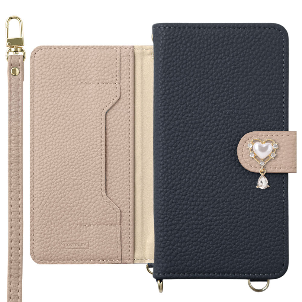 Vegan leather bicolor heart deco stand function with shoulder strap notebook-style case (with belt)