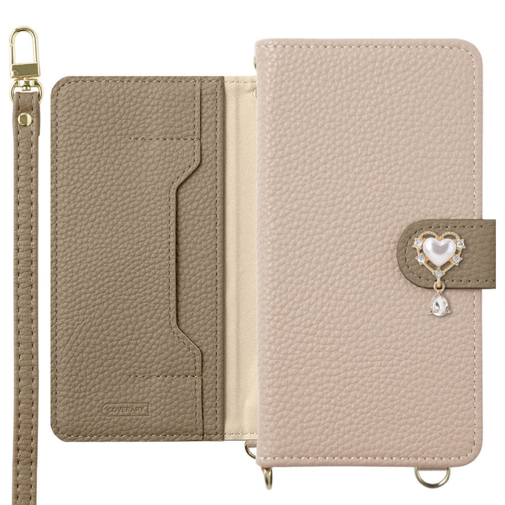 Vegan leather bicolor heart deco stand function with shoulder strap notebook-style case (with belt) Galaxy series