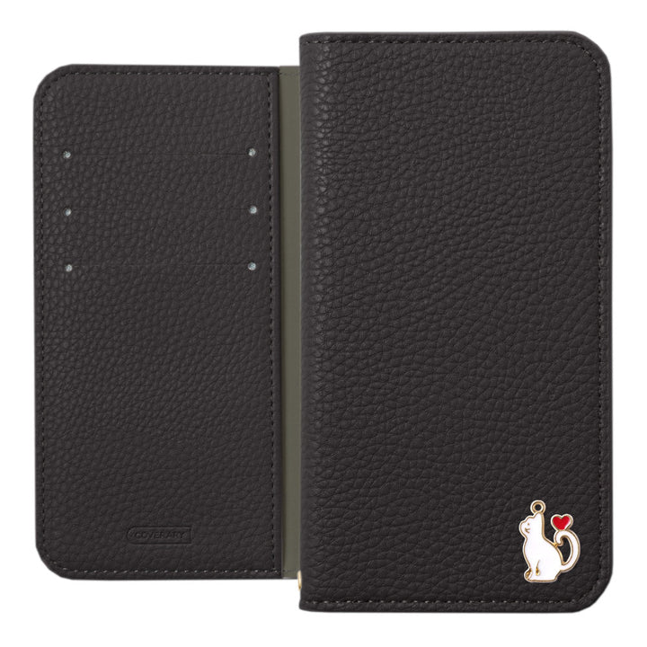 Étui portefeuille à fonction support avec décoration cœur chat en cuir synthétique végan texturé simple pour série iPhone