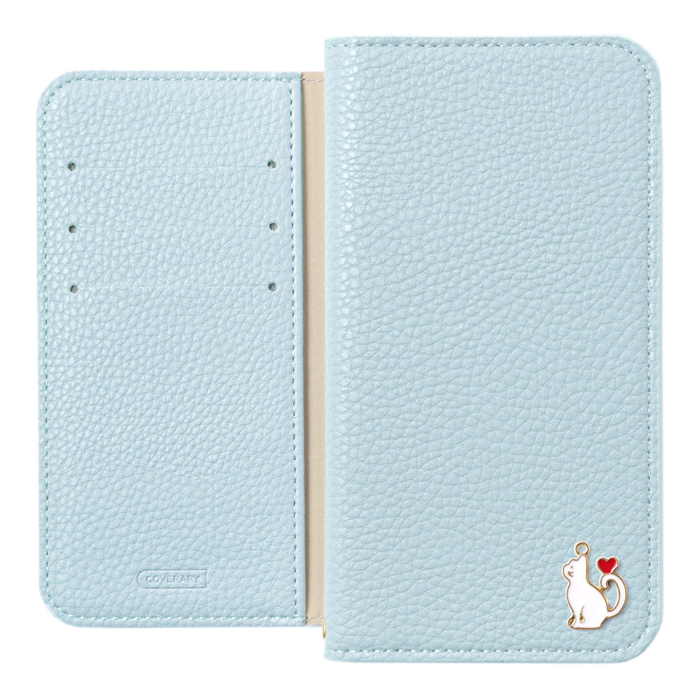 Étui portefeuille à fonction support avec décoration cœur chat en cuir synthétique vegan texturé simple