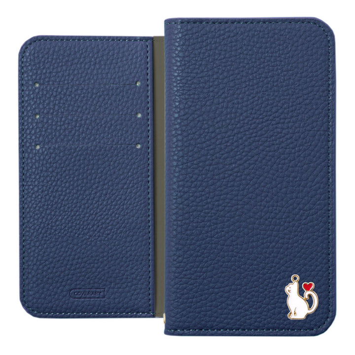 Étui portefeuille à fonction support avec décoration cœur chat en cuir synthétique végan texturé simple pour série iPhone