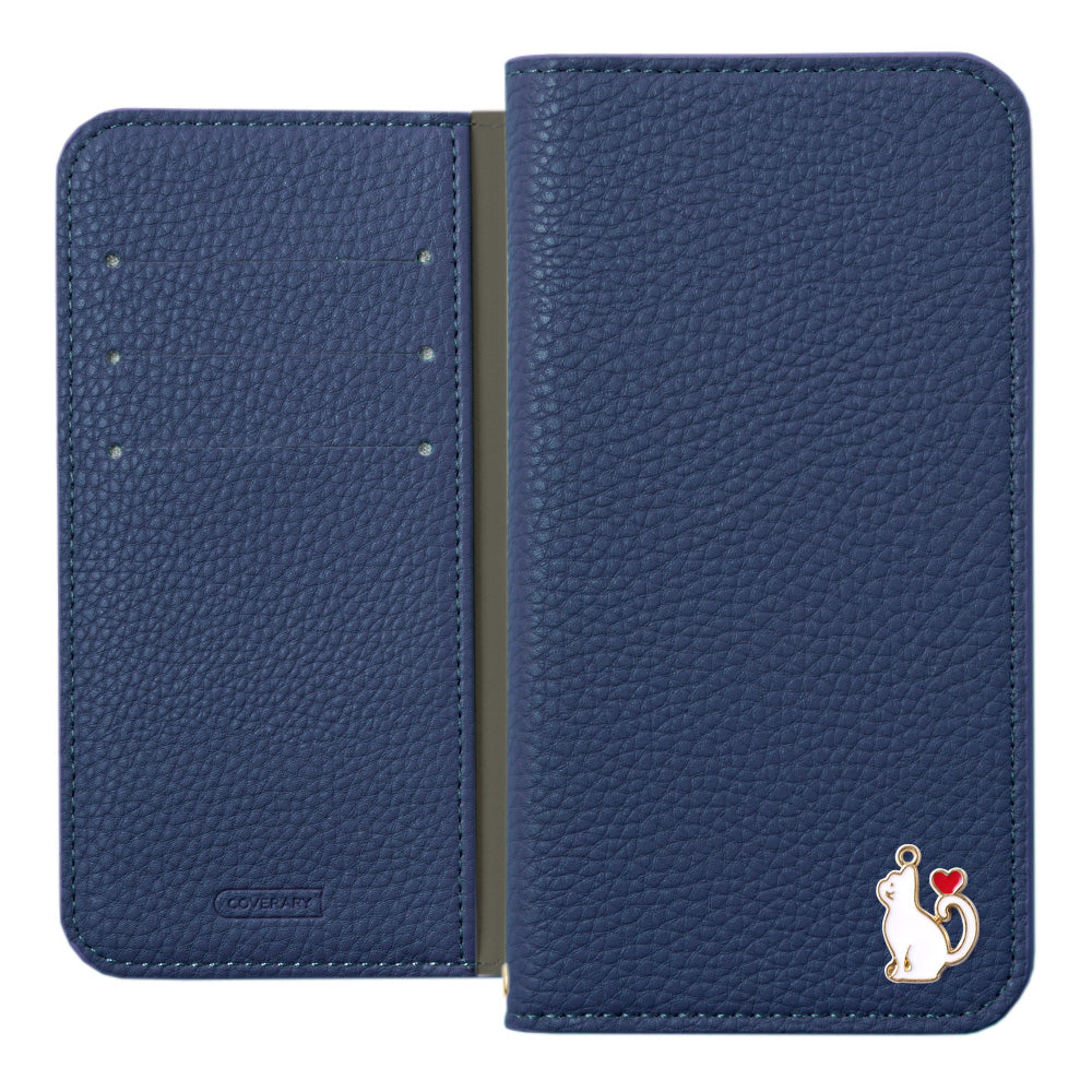 Vegan leather textured simple leather-style heart cat decoration stand function notebook-style case Xperia series