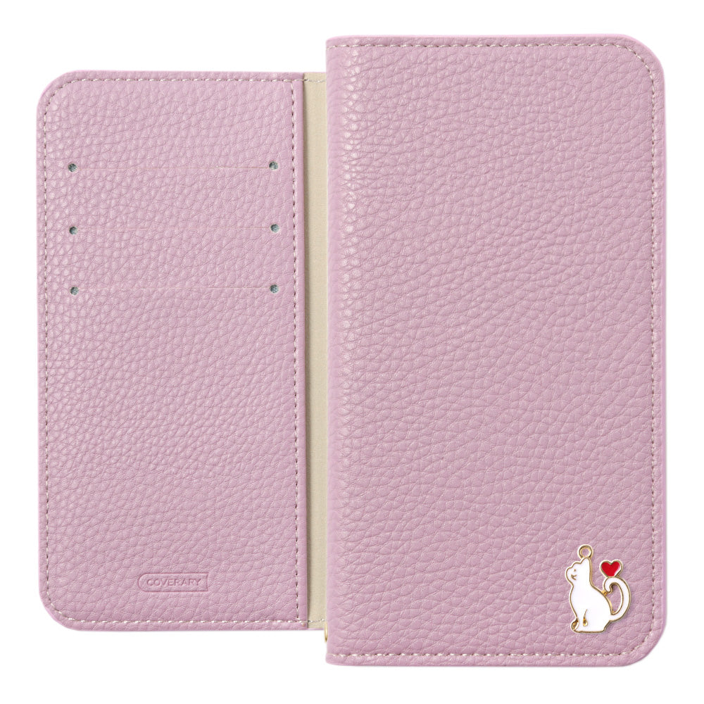 Vegan leather textured simple leather-style heart cat decoration stand function notebook-style case Xperia series