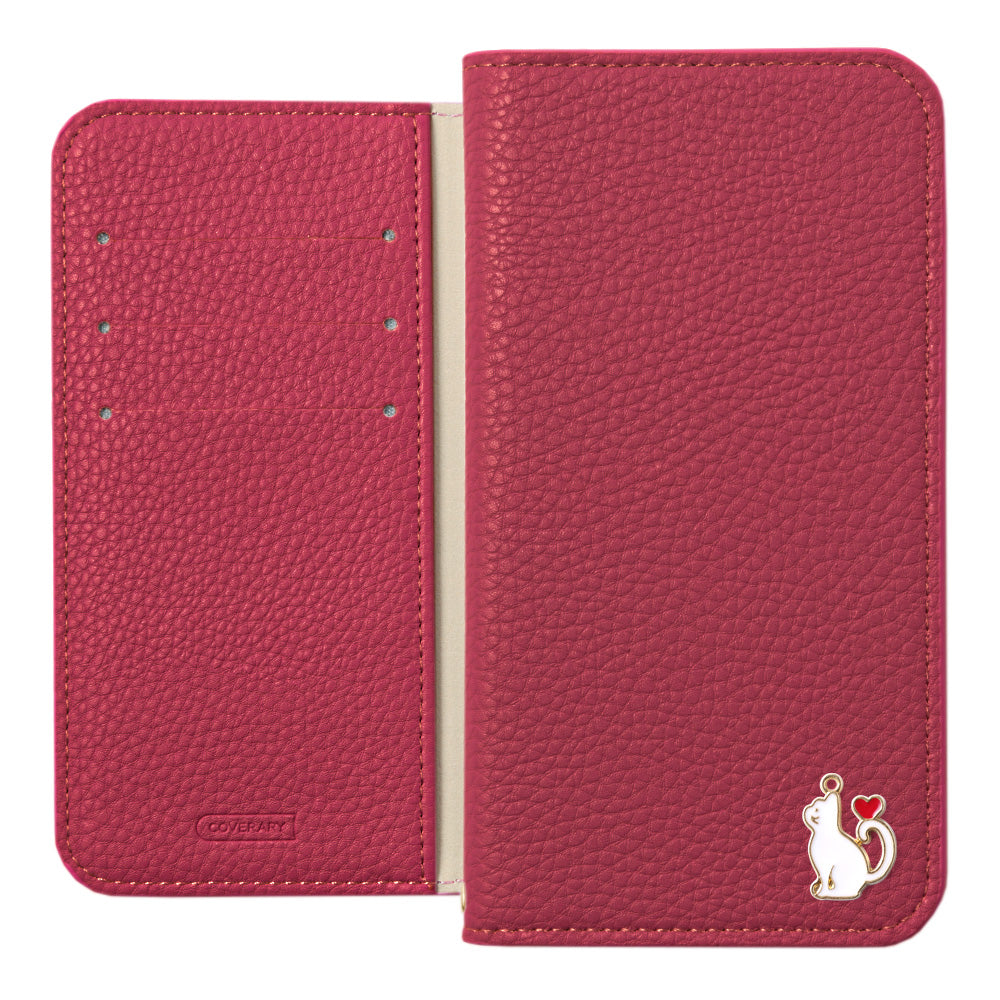 Étui portefeuille à fonction support avec décoration cœur chat en cuir synthétique végan texturé simple pour série iPhone