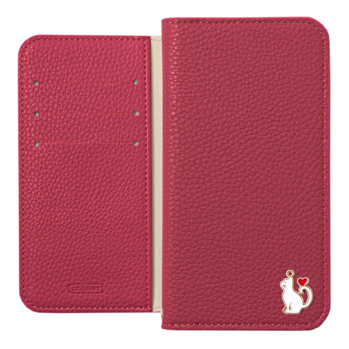 Étui portefeuille à fonction support avec décoration cœur chat en cuir synthétique végan texturé simple pour série iPhone