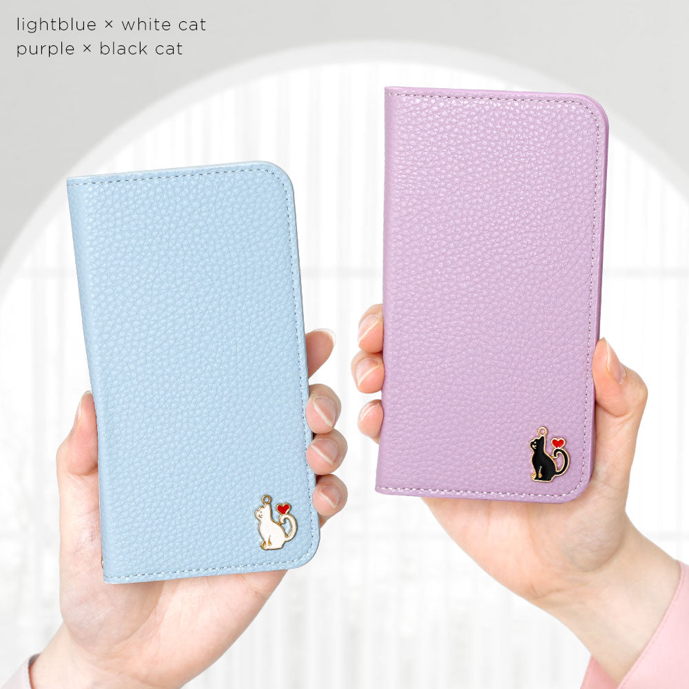 Étui portefeuille à fonction support avec décoration cœur chat en cuir synthétique végan texturé simple pour série iPhone