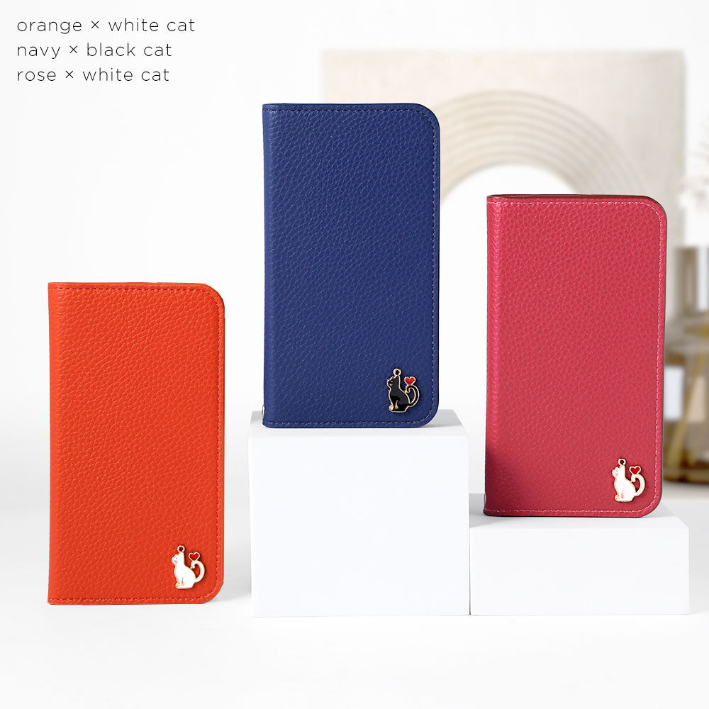 Étui portefeuille à fonction support avec décoration cœur chat en cuir synthétique végan texturé simple pour série iPhone