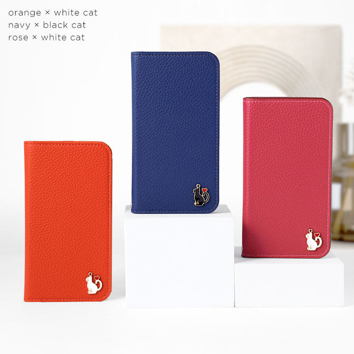 Étui portefeuille à fonction support avec décoration cœur chat en cuir synthétique vegan texturé simple