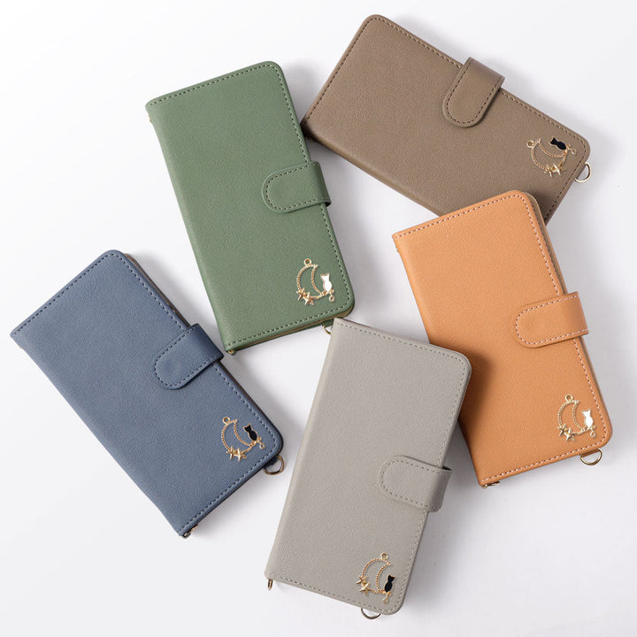 ヴィーガンレザー ニュアンスカラー スタンド機能 ムーンキャットデコ ショルダーストラップ付き 手帳型ケース（ベルトあり）