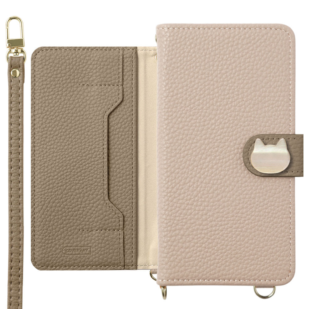 ヴィーガンレザー バイカラー キャットデコ スタンド機能 ショルダーストラップ付き 手帳型ケース（ベルトあり）AQUOSシリーズ