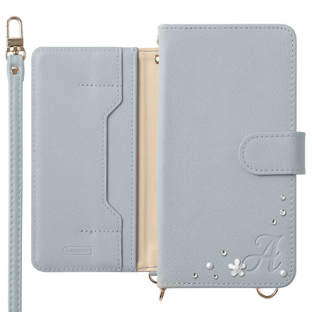 Étui portefeuille avec fonction support, décoration initiale, sangle d&