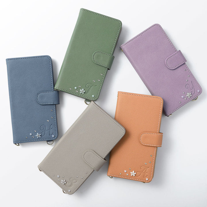 Étui portefeuille avec fonction support, décoration initiale, sangle d&