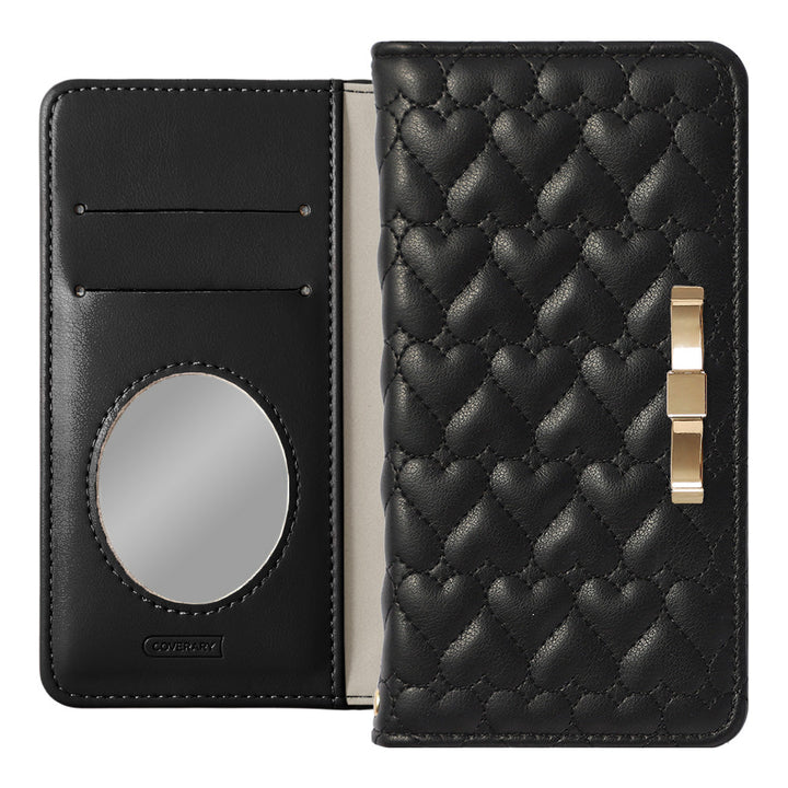 Vegan Leather Heart Quilting Gold Ribbon Decor Flip Case with Mirror for Xperia Series