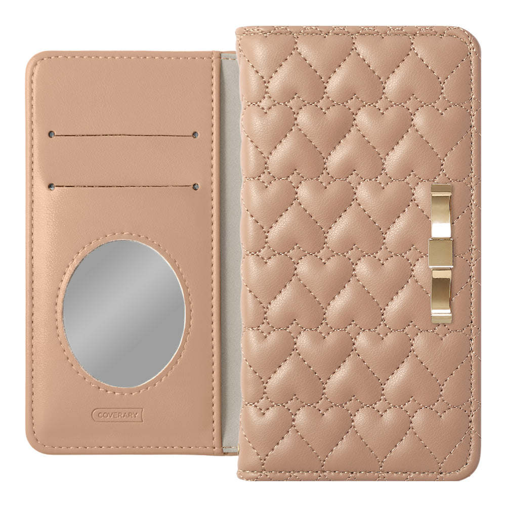 Vegan Leather Heart Quilting Gold Ribbon Decor Flip Case with Mirror for Xperia Series