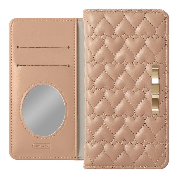 Vegan Leather Heart Quilting Gold Ribbon Decor Flip Case with Mirror for Xperia Series