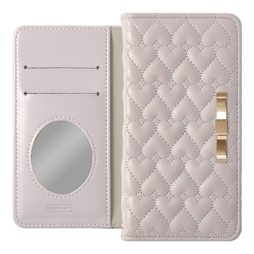 Vegan Leather Heart Quilting Gold Ribbon Decor Flip Case with Mirror for Xperia Series