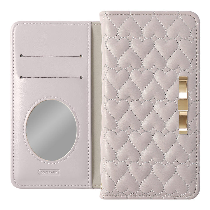 Étui portefeuille en cuir végan matelassé en forme de cœur avec miroir et décoration ruban doré pour la série AQUOS