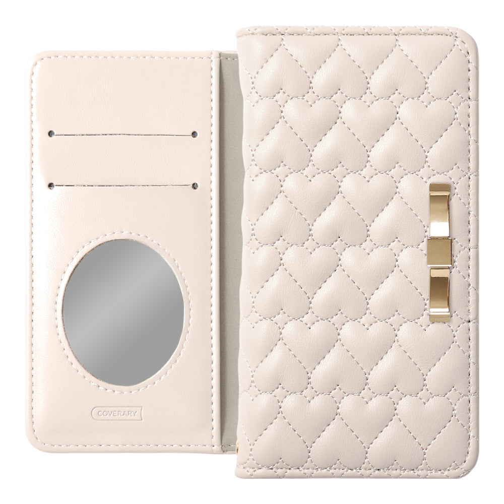 Étui portefeuille en cuir végan matelassé en forme de cœur avec miroir et décoration ruban doré pour la série AQUOS