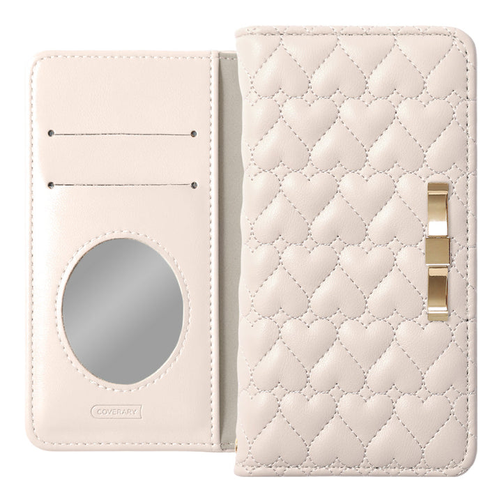 Vegan Leather Heart Quilting Gold Ribbon Decor Flip Case with Mirror for Xperia Series