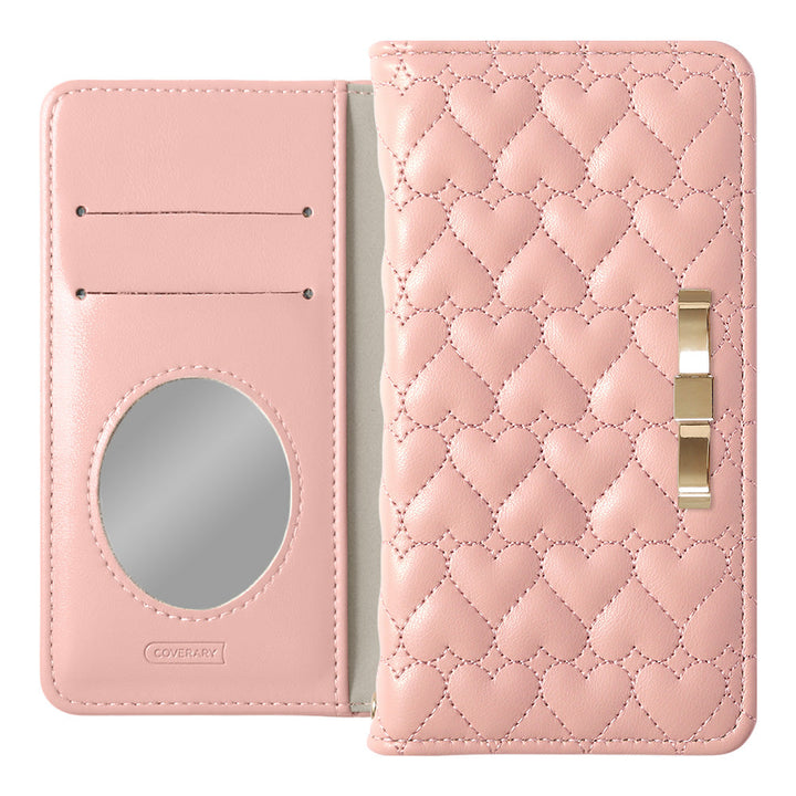 Étui portefeuille en cuir végan matelassé en forme de cœur avec miroir et décoration ruban doré pour la série AQUOS