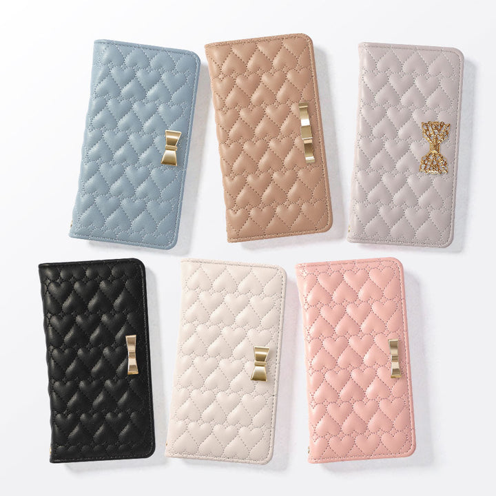 Vegan Leather Heart Quilting Gold Ribbon Decor Flip Case with Mirror for Xperia Series