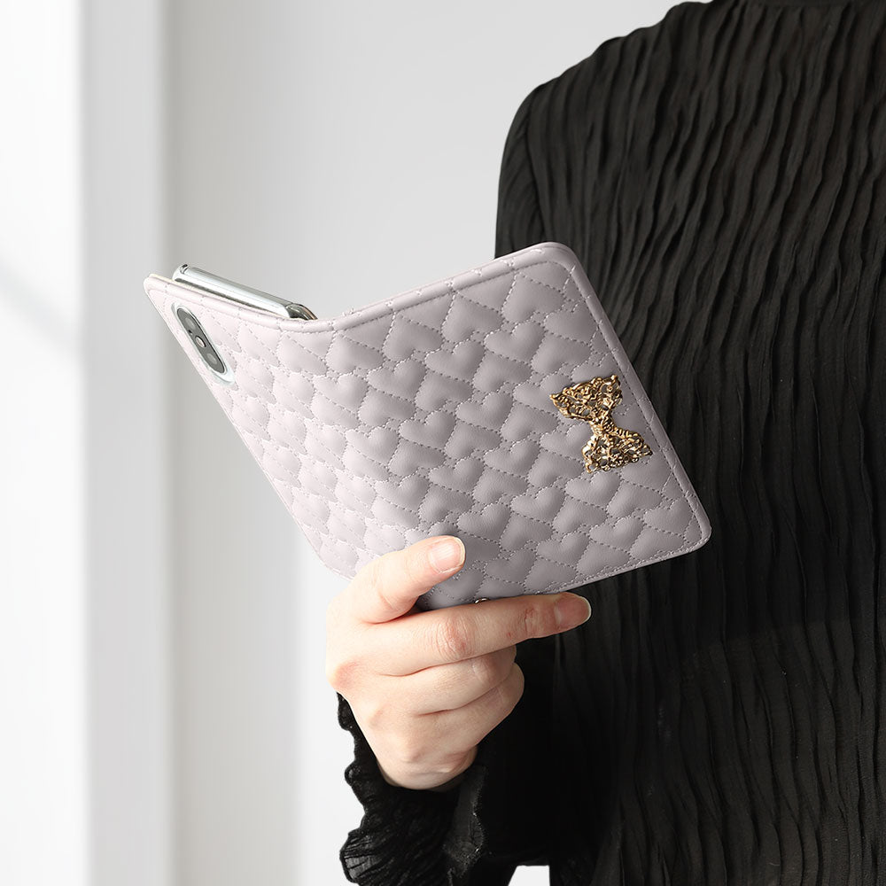 Vegan Leather Heart Quilting Gold Ribbon Decor Flip Case with Mirror for Xperia Series