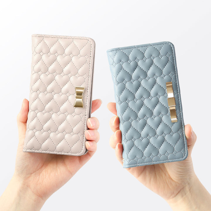 Vegan Leather Heart Quilting Gold Ribbon Decor Flip Case with Mirror for Xperia Series