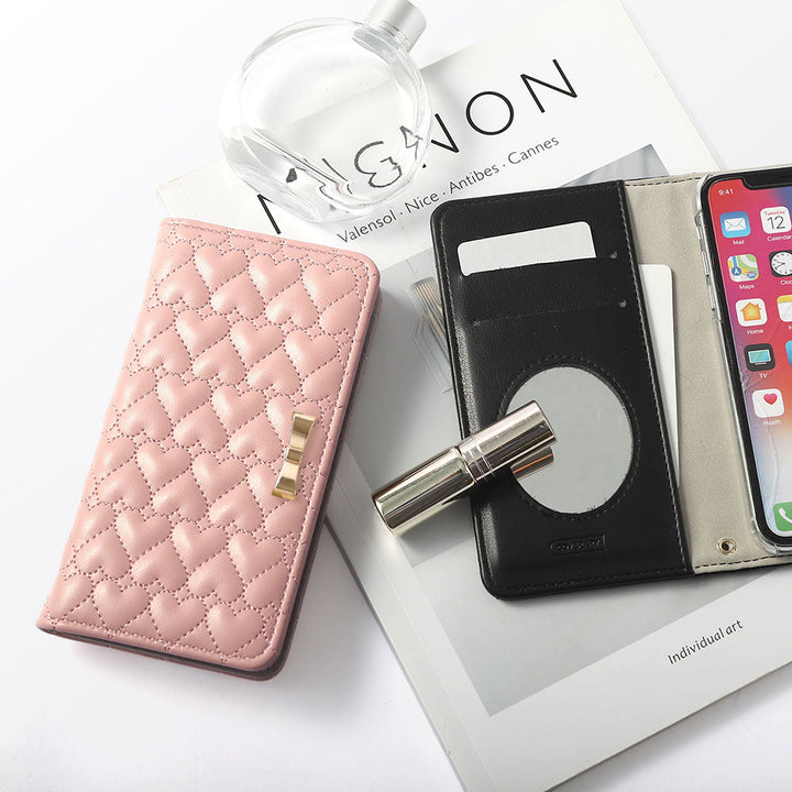 Vegan Leather Heart Quilting Gold Ribbon Decor Flip Case with Mirror for Xperia Series