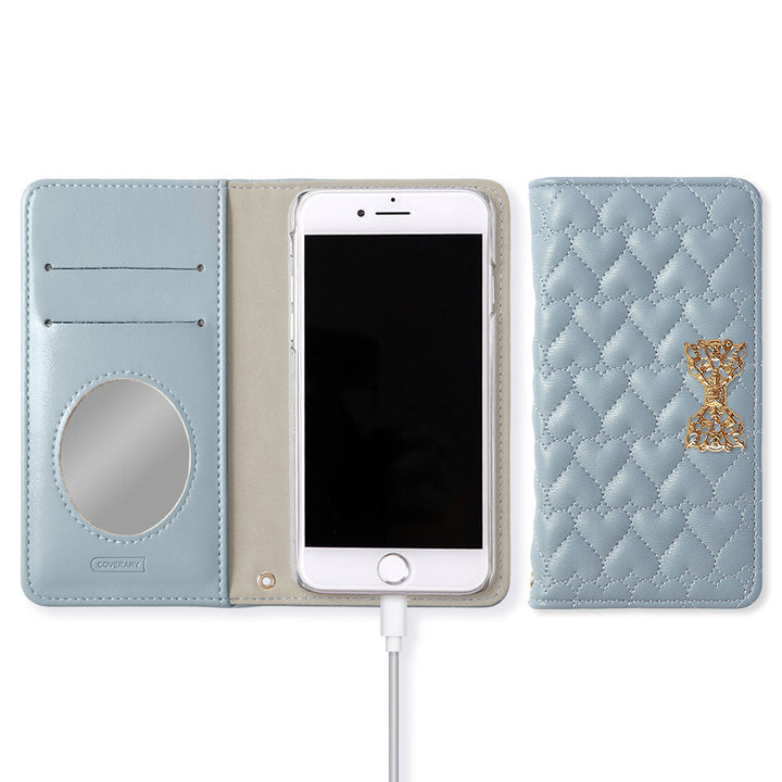 Vegan Leather Heart Quilting Gold Ribbon Decor Flip Case with Mirror for Xperia Series