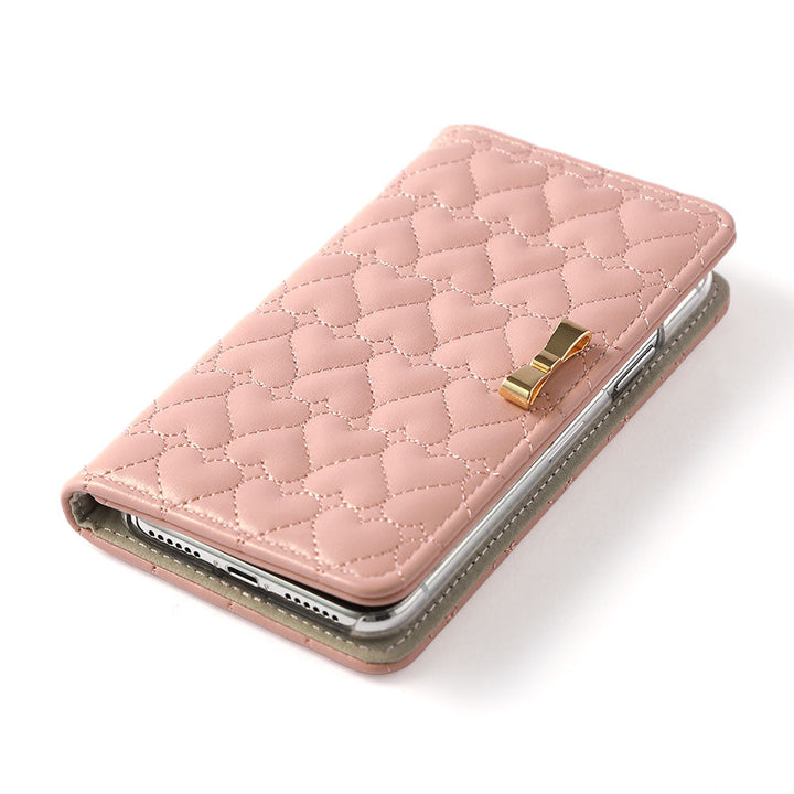 Vegan Leather Heart Quilting Gold Ribbon Decor Flip Case with Mirror for Xperia Series
