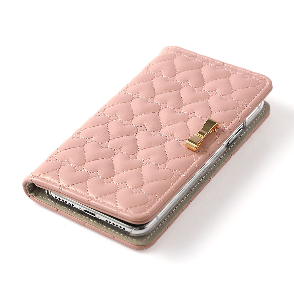 Étui portefeuille en cuir végan matelassé en forme de cœur avec miroir et décoration ruban doré pour la série AQUOS