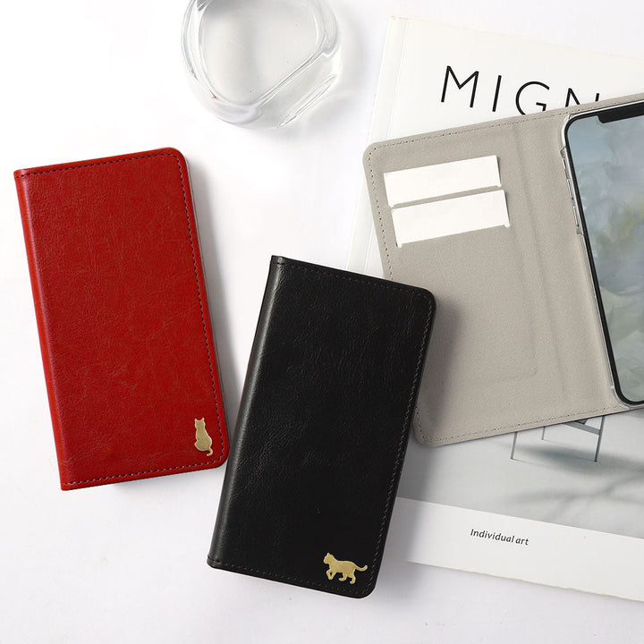 Vegan Leather Simple Gold Cat Decoration Wallet Case for Xperia Series