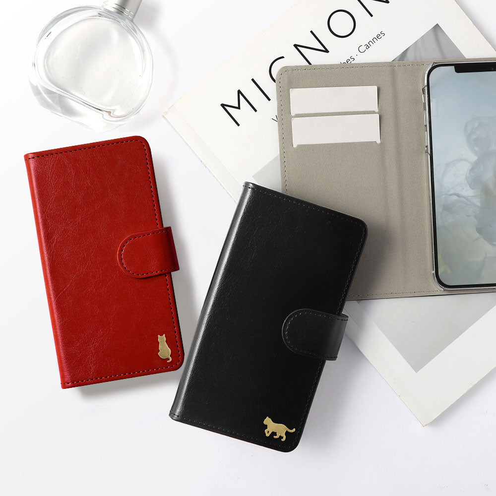 Vegan Leather Simple Gold Cat Decoration Wallet Case (with Belt) for Xperia Series