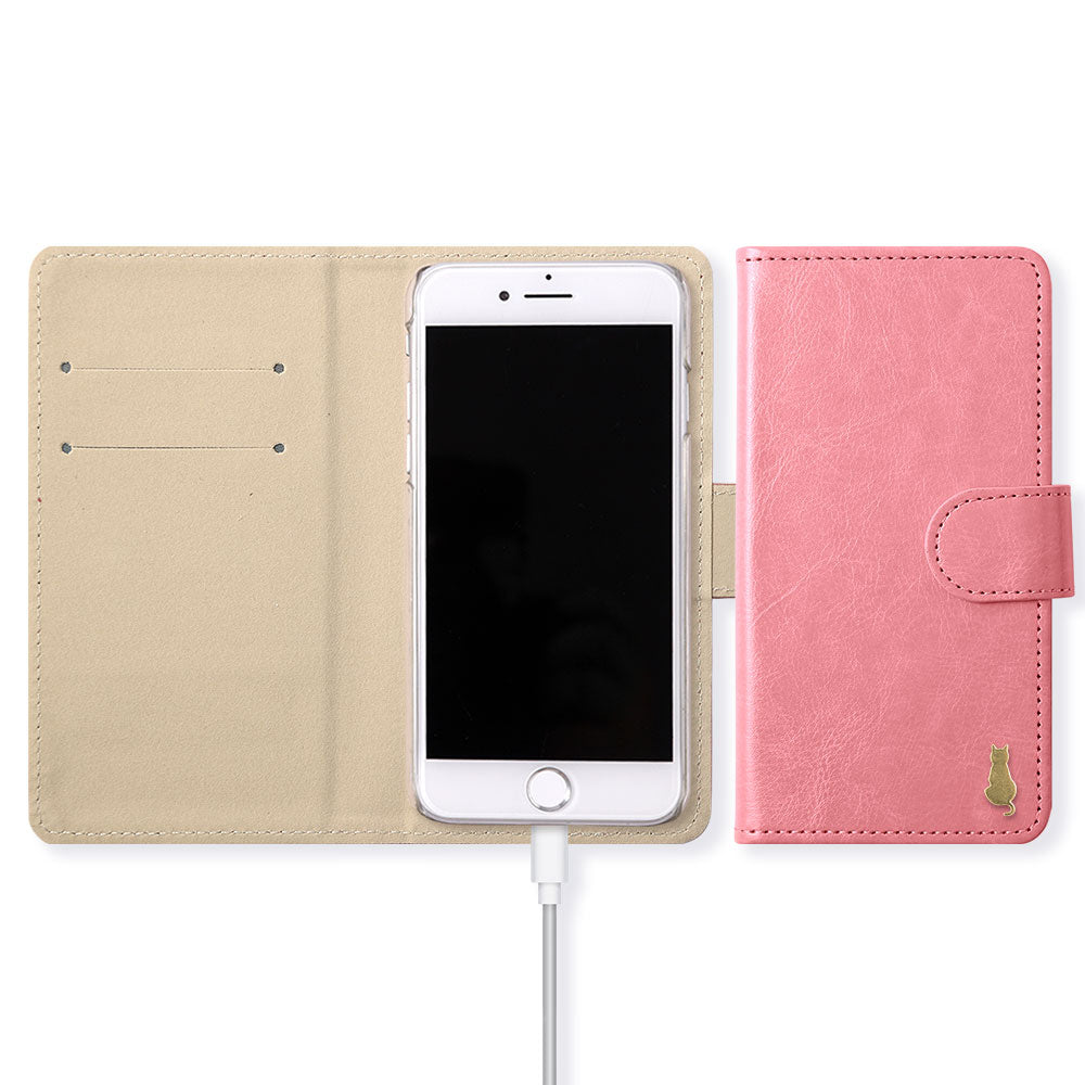 ヴィーガンレザー シンプル ゴールドキャットデコ 手帳型ケース（ベルトあり）Galaxyシリーズ