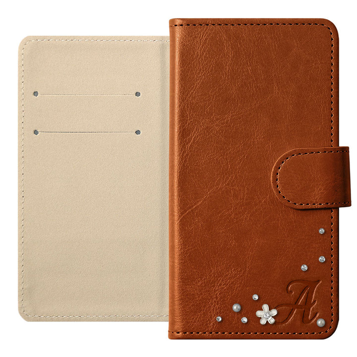 Étui portefeuille simple en cuir végan avec initiale et pierre (avec ceinture) pour la série Xperia
