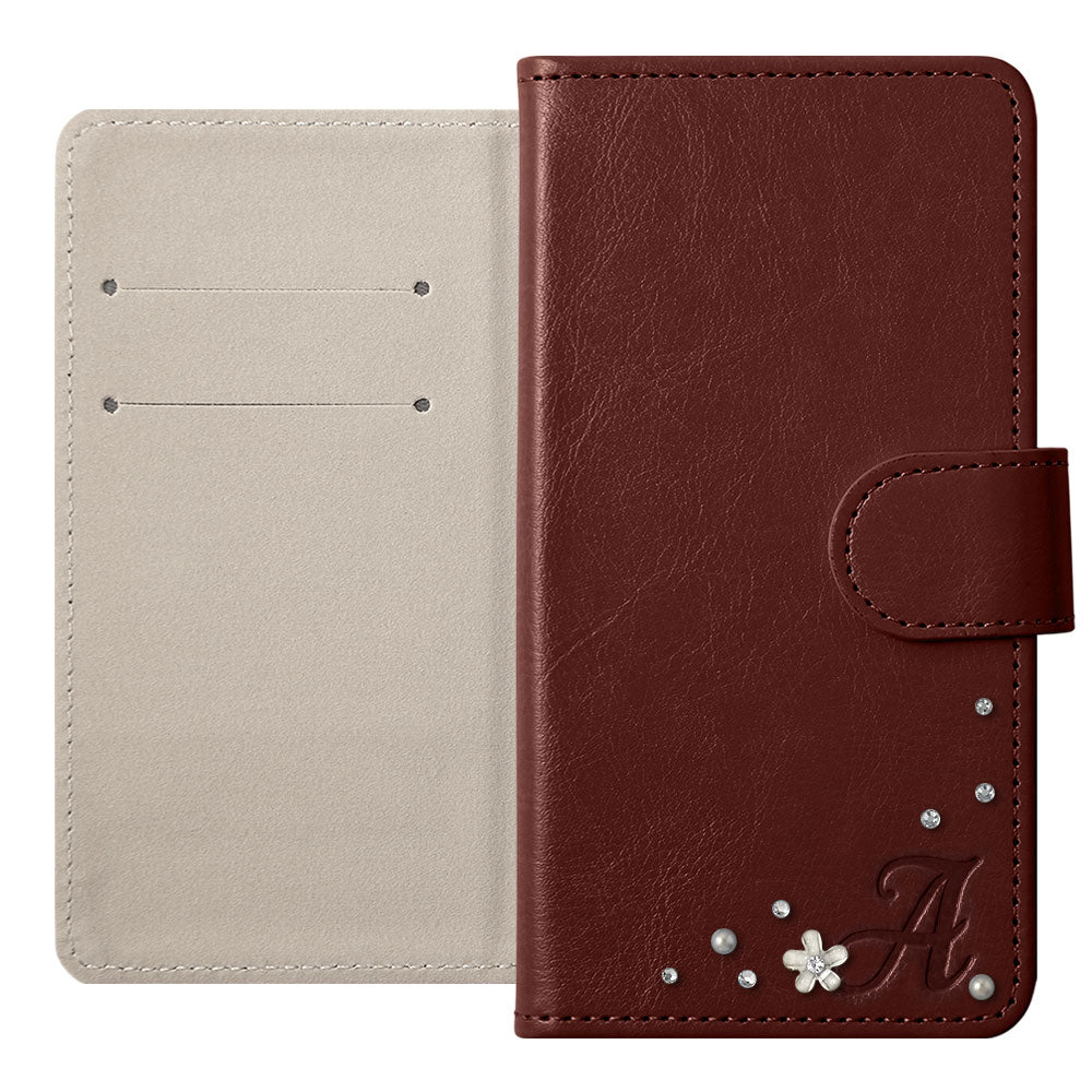Étui portefeuille simple en cuir végan avec initiale et pierre (avec ceinture) pour la série Xperia