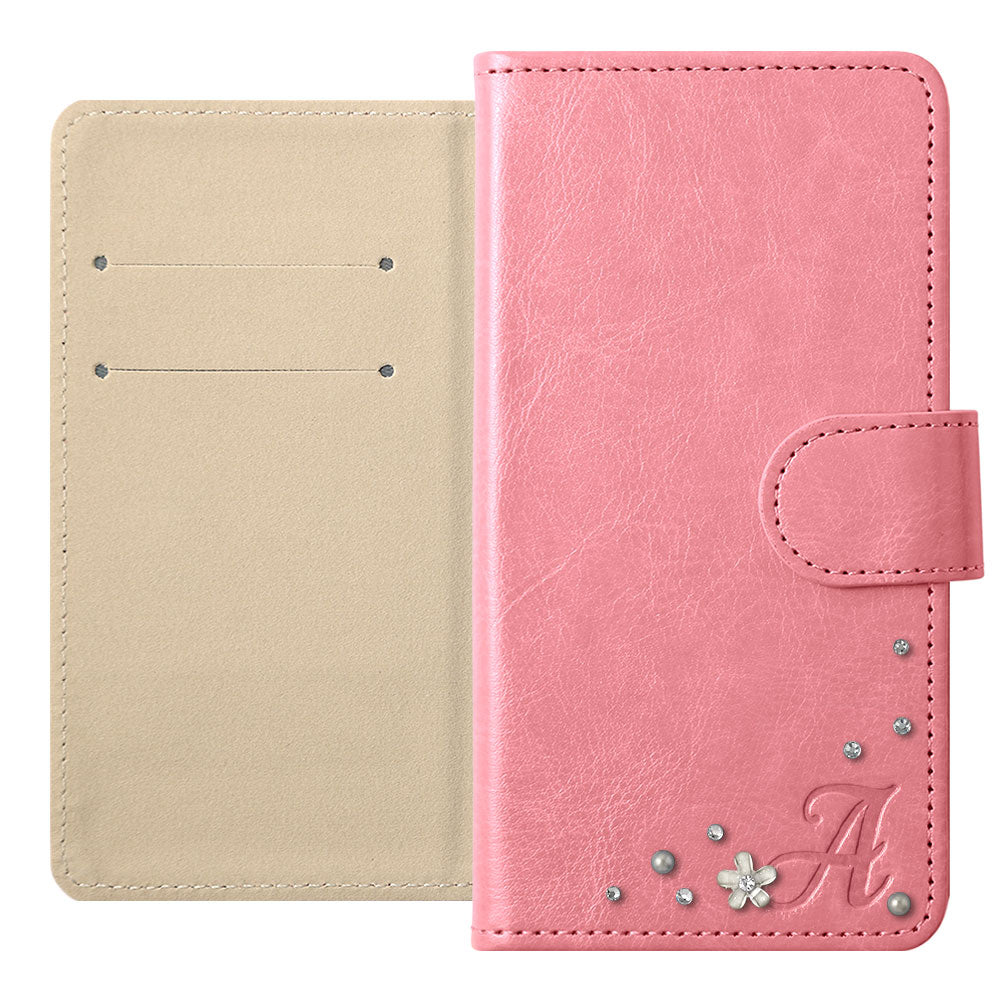 Vegan Leather Simple Initial Stone Wallet Case (With Belt) for AQUOS Series